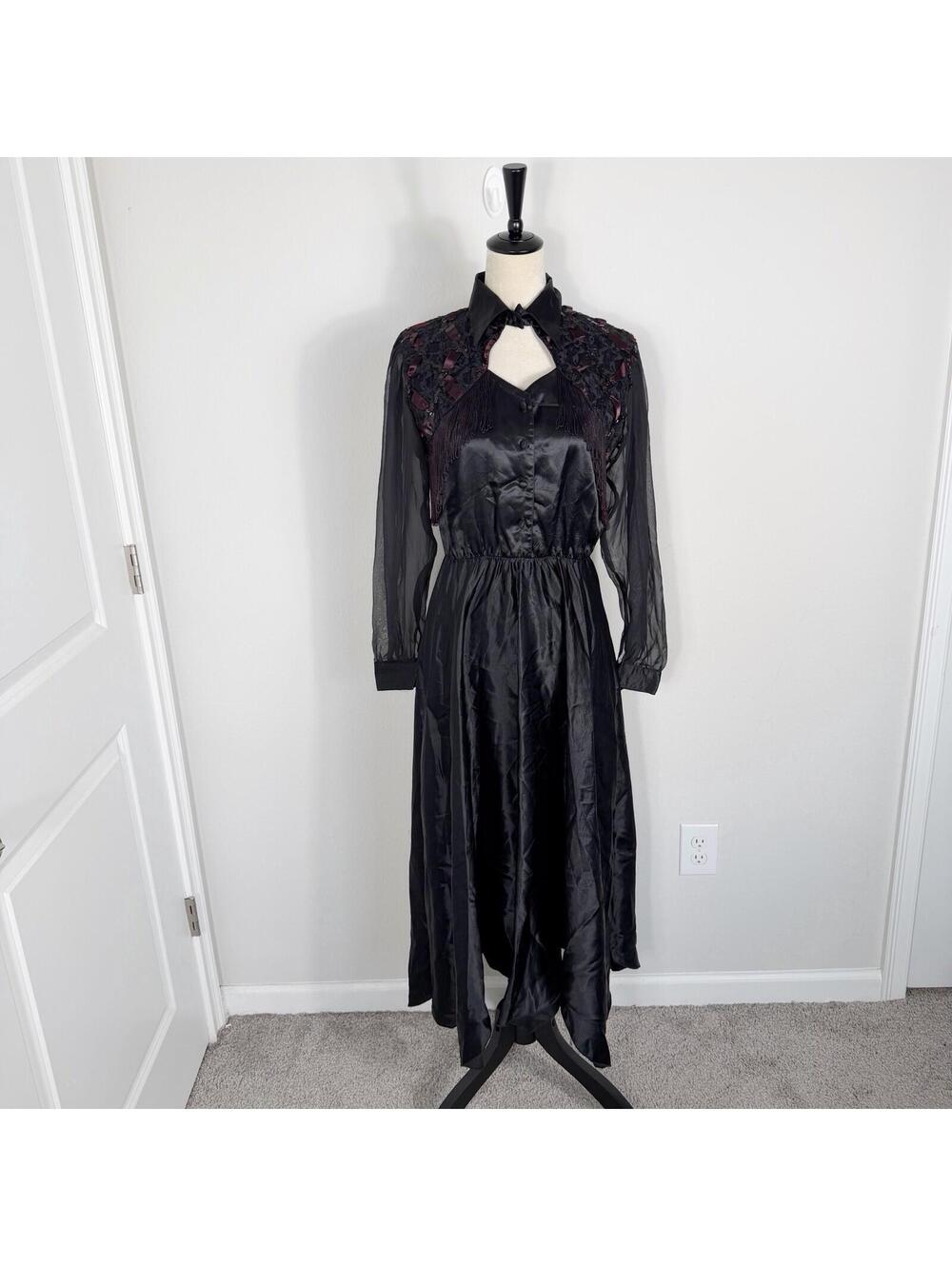 Vintage Lilia Smitty Western Sequin Lace Black Fringe Goth Satin Dress Sz 3/4